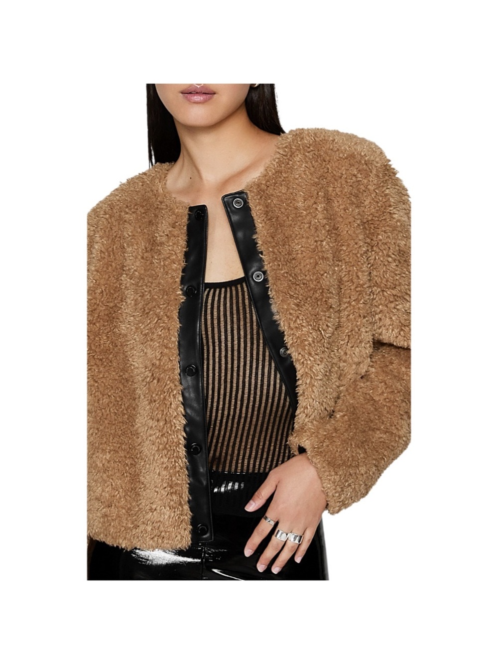 Rebecca Minkoff Wyatt Faux Fur Vegan Leather Trim Brown Black Jacket - Picture 4 of 13